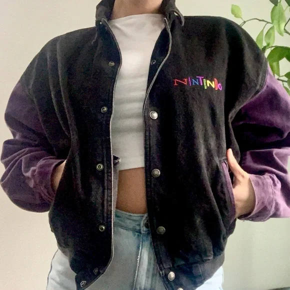 Vintage 90s Nintendo Women's Black and Purple Varsity Jacket - Picture 9 of 16